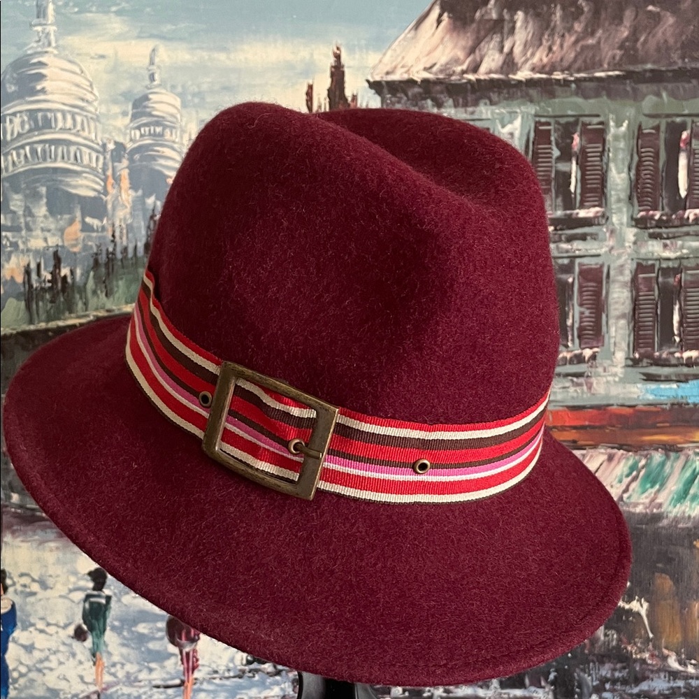Accessorize 100% Wool Striped Ribbon Buckle Cranberry Burgundy Fedora